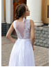 White Beaded Lace Chiffon High Slit Boho Beach Wedding Dress